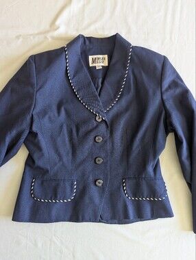 Vintage 90s Morgan Miller Navy Blue Blazer With White Trim Detailing